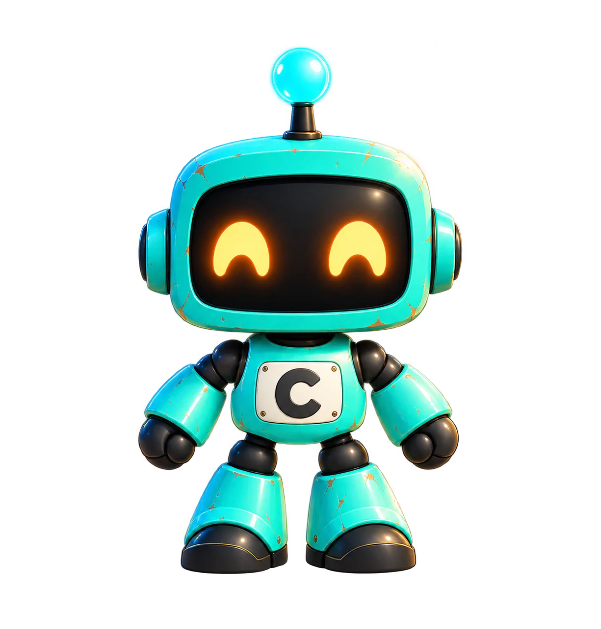 Crumby the turquoise robot